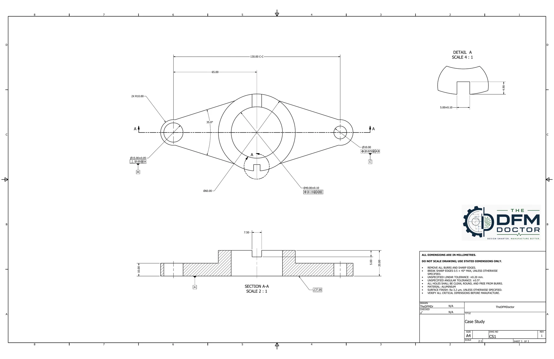 Revised manufacturing-ready engineering drawing with datums, tolerances, material, finish, section view and detail